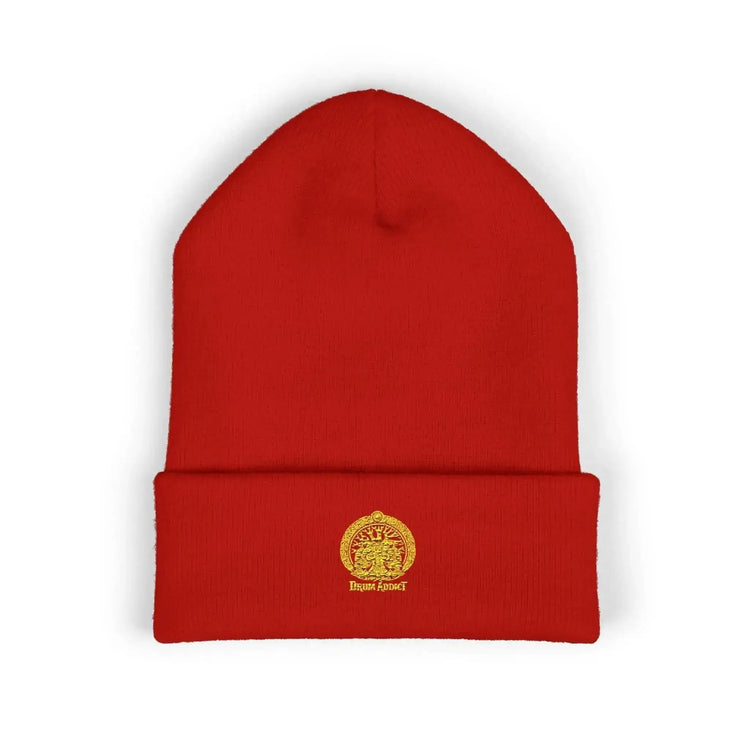 Black embroidered gold sun classic cuffed beanie by Drum Addict Apparel with Yggdrasils Wood branding.