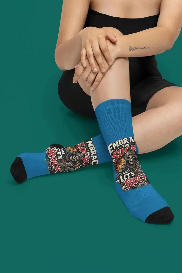 Unisex padded motivational DTG socks by Drum Addict Apparel featuring colorful, motivational design and comfortable padding.