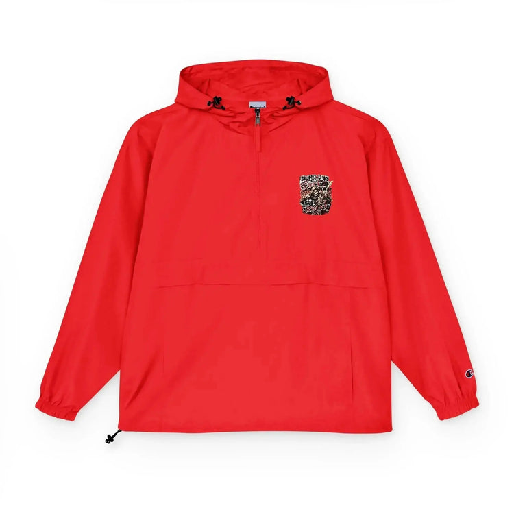 Black Champion unisex packable anorak jacket by Drum Addict Apparel, lightweight and weather-resistant for outdoor wear.