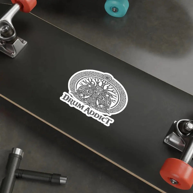 White Celtic Tree die-cut sticker by Printify featuring Drum Addict design, measuring 2x2 inches, on paper product.