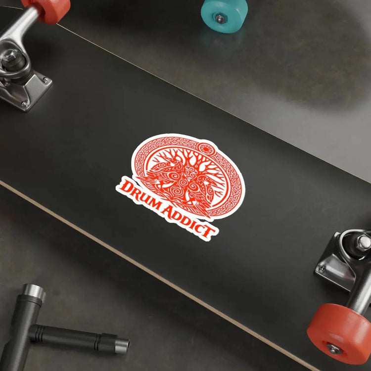 Red Celtic drum tree die-cut sticker by Printify, featuring vibrant drum design on white paper background, 2x2 inches.