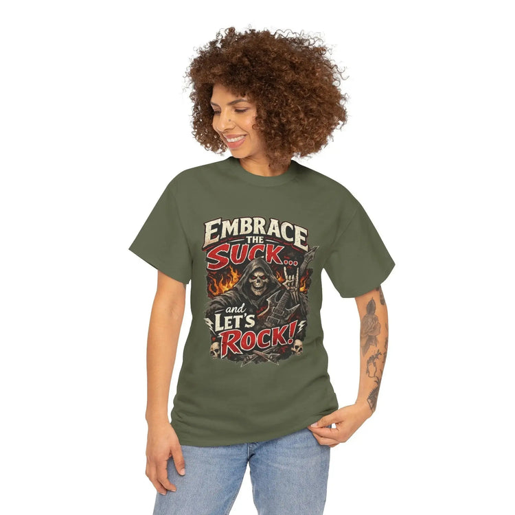 Charcoal unisex T-shirt with "Embrace The Suck" print, featuring casual fit and soft fabric from Printify.