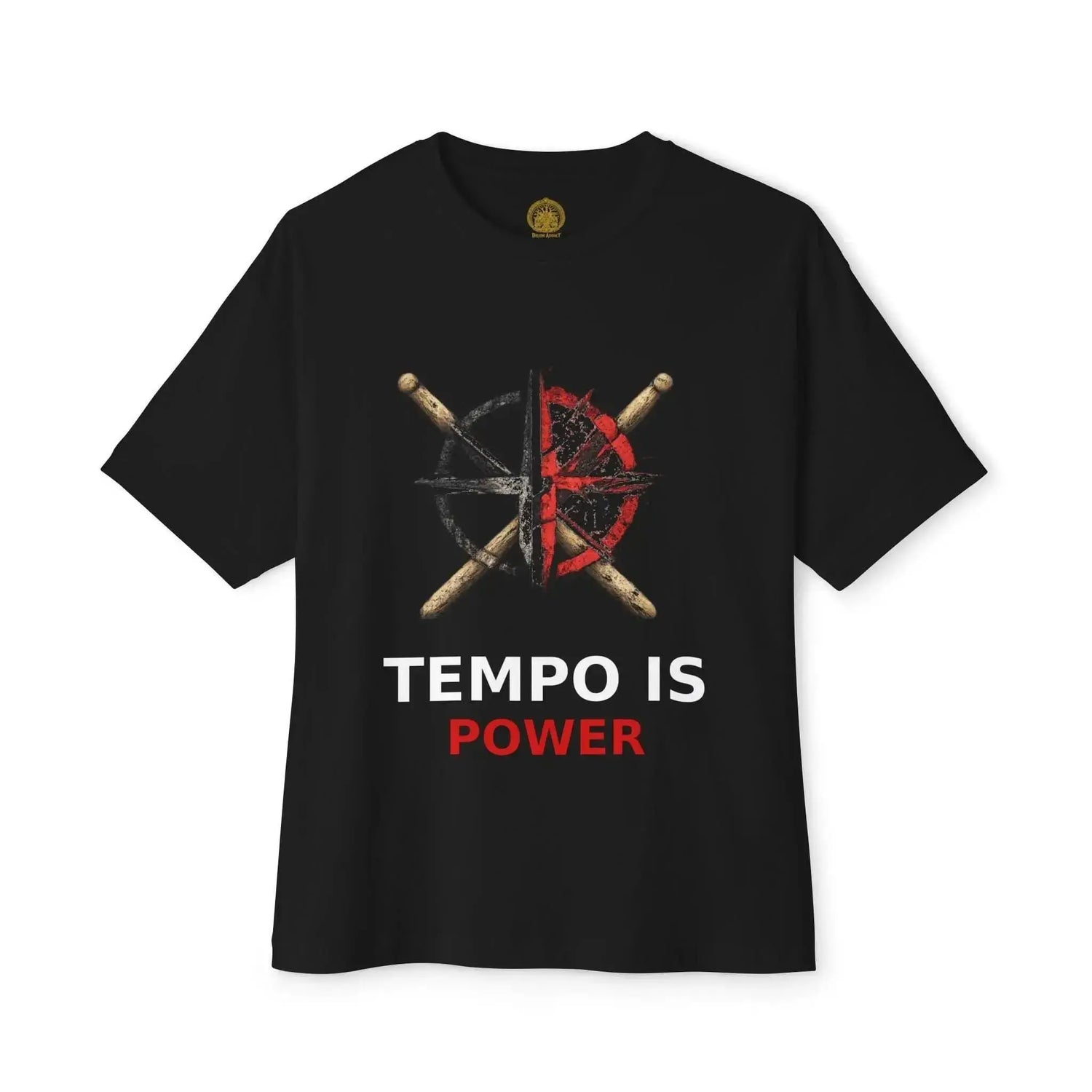 Black Tempo Is Power T-Shirt by Drum Addict Apparel, fitted XS size with bold graphic design on front.