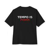 Black Tempo Is Power T-Shirt by Drum Addict Apparel, lightweight cotton, fitted design, front graphic, casual wear for music enthusiasts.