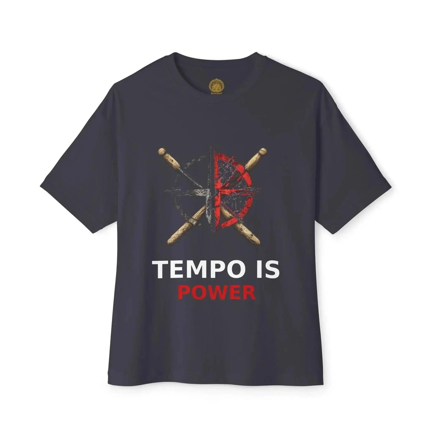 Black Tempo Is Power T-Shirt by Drum Addict Apparel, fitted XS size, casual crewneck with bold front design.