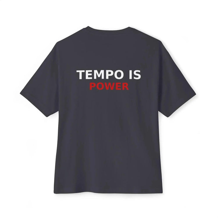 Black Tempo Is Power T-Shirt by Drum Addict Apparel, visible with bold text on front, fitted style, and casual design.