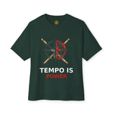 Black Tempo Is Power T-Shirt by Drum Addict Apparel, showing the front view with bold white graphic text.