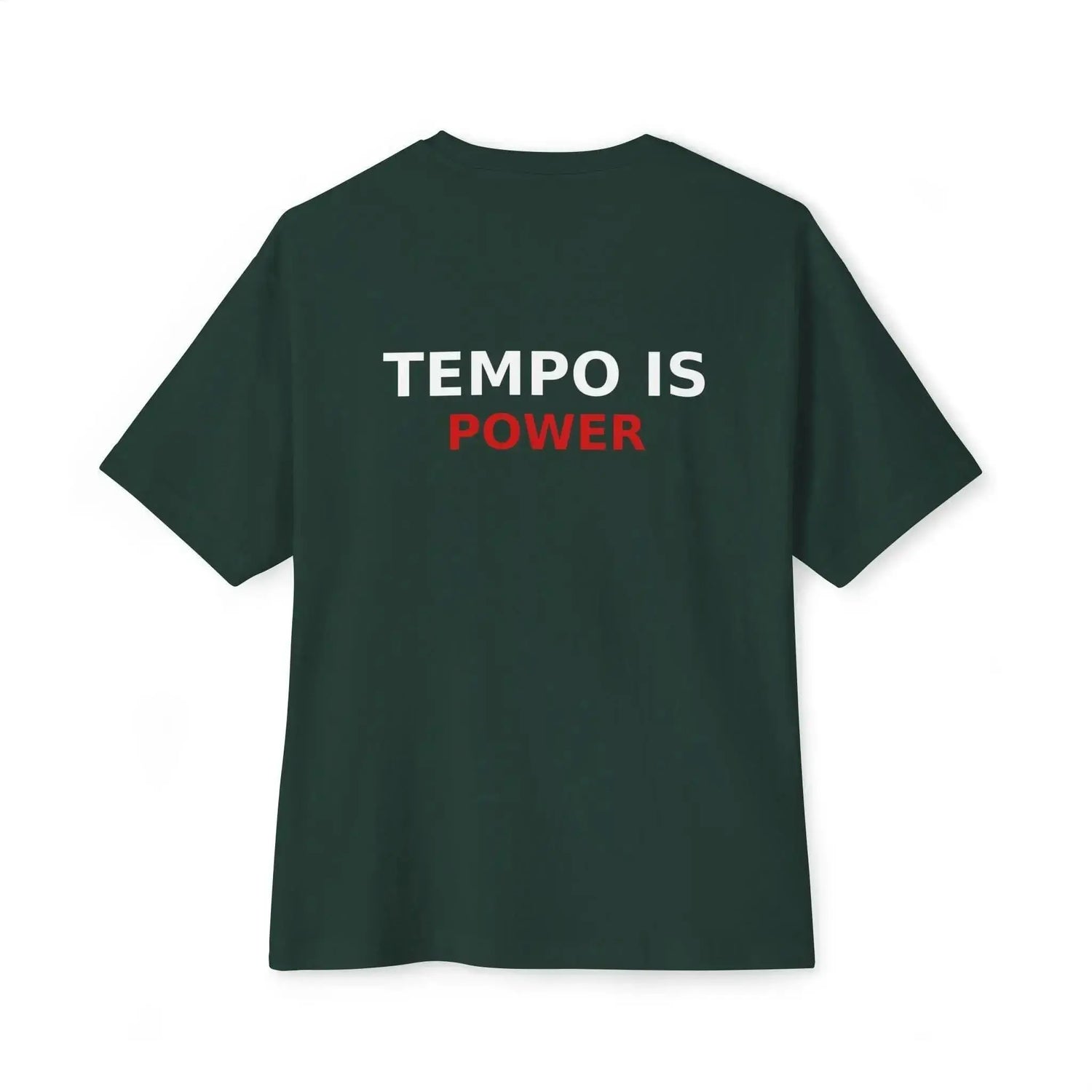 Black Tempo Is Power T-Shirt by Drum Addict Apparel, showing front view with bold text design on soft cotton fabric.