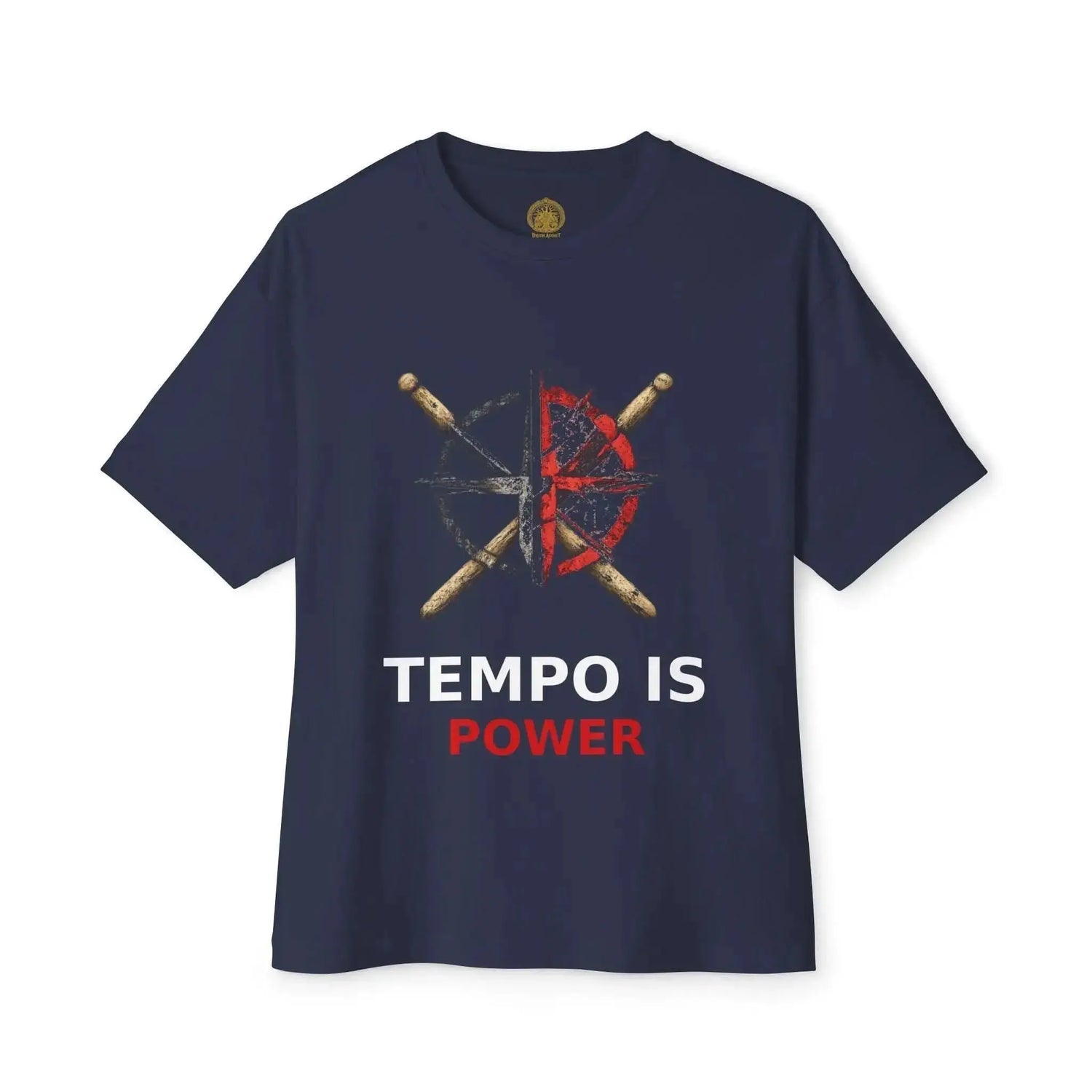 Black Tempo Is Power T-Shirt by Drum Addict Apparel, casual fit, lightweight fabric, front graphic design, XS size visible.