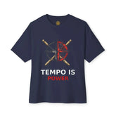 Black Tempo Is Power T-Shirt by Drum Addict Apparel, casual fit, lightweight fabric, front graphic design, XS size visible.
