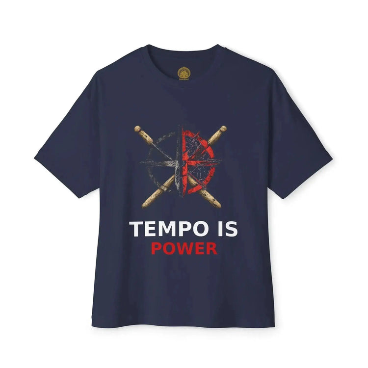 Black Tempo Is Power T-Shirt by Drum Addict Apparel, casual fit, lightweight fabric, front graphic design, XS size visible.
