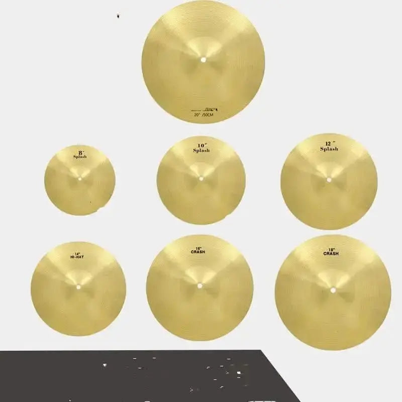 7-piece cymbal set by Drum Addict Apparel Yggdrasils Wood, featuring various sizes for a complete drum kit cymbal collection.