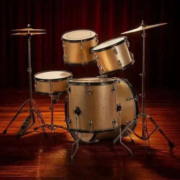 Full size adult 5-piece drum set in champagne from Drum Addict Apparel by Yggdrasils Wood, with drums and cymbals visible.