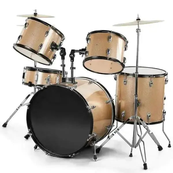 Full size adult drum set by Drum Addict Apparel with 5 champagne-colored drums and hardware for a complete percussion setup.