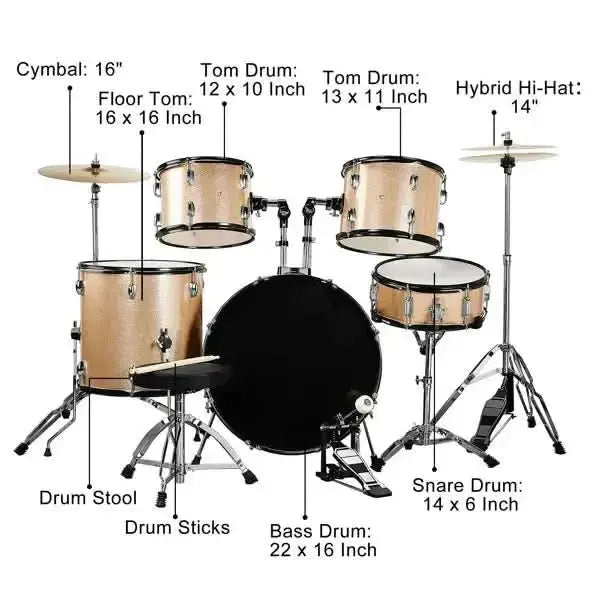 Full size adult 5-piece drum set in champagne from Drum Addict Apparel by Yggdrasils Wood, showing drums and cymbals.