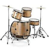 Full size adult 5-piece drum set in champagne color by Drum Addict Apparel by Yggdrasils Wood, featuring drums and cymbals.