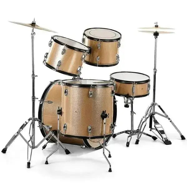 Full size adult 5-piece drum set in champagne color by Drum Addict Apparel by Yggdrasils Wood, featuring drums and cymbals.