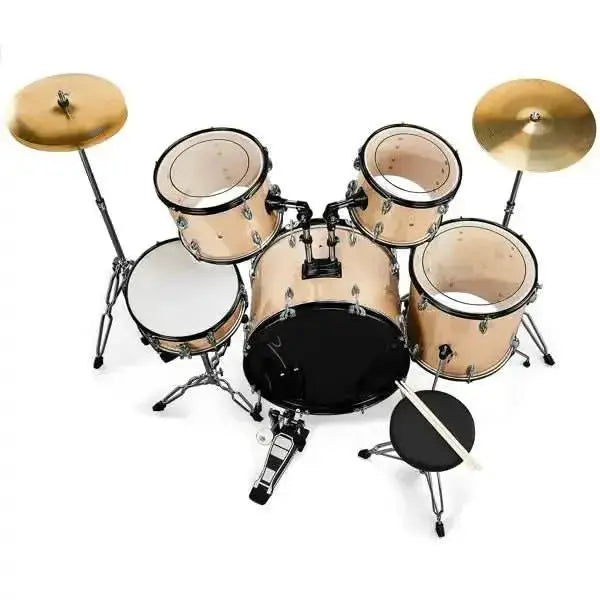 Full size adult 5-piece drum set in champagne finish by Drum Addict Apparel, featuring cymbals and drum shells.