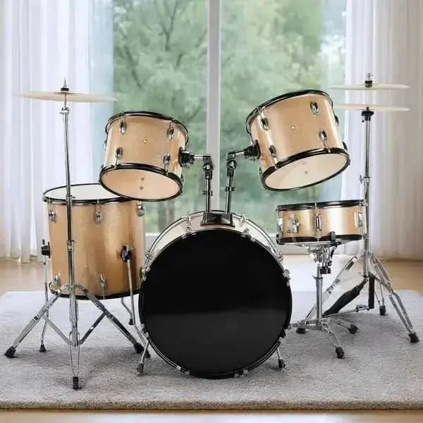 Full size adult 5-piece drum set in champagne finish by Drum Addict Apparel, featuring bass, snare, toms, hi-hat, and cymbals.
