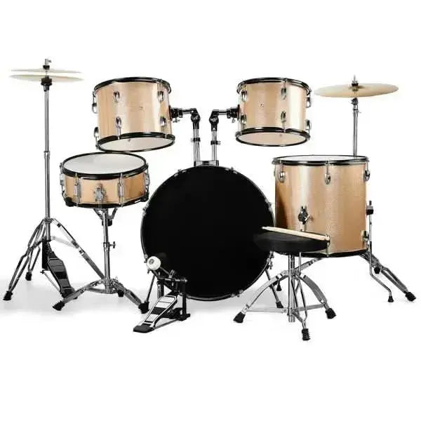 Full size adult drum set 5-piece in champagne finish by Drum Addict Apparel Yggdrasils Wood, showcasing drums and cymbals.