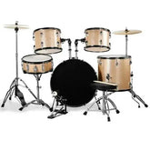 Full size adult drum set 5-piece in champagne finish by Drum Addict Apparel Yggdrasils Wood, showcasing drums and cymbals.