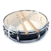 Black 13x3.5-inch snare drum by Drum Addict Apparel from Yggdrasils Wood, shown with drum hardware and drumhead visible.