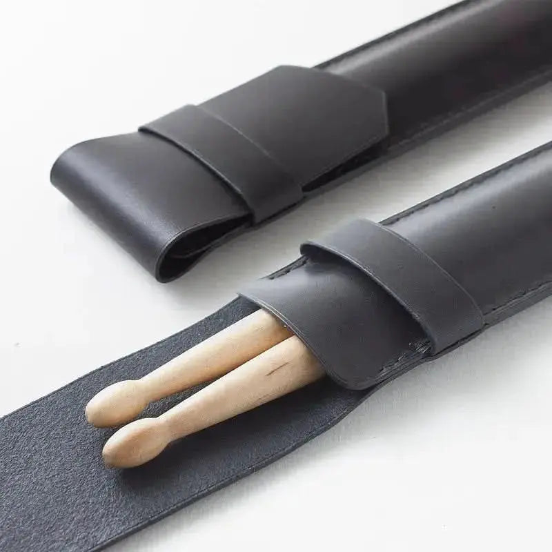 Black Drum Addict Apparel drum stick holster by Yggdrasils Wood, 44x6cm, designed for secure drum stick storage.
