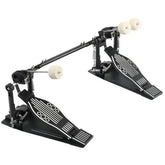 Black double bass drum set pedal by Drum Addict Apparel and Yggdrasils Wood, featuring metal footplate and pedal mechanism for drumming.