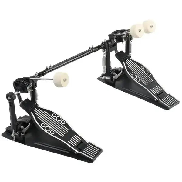 Black double bass drum set pedal by Drum Addict Apparel and Yggdrasils Wood, featuring metal footplate and pedal mechanism for drumming.