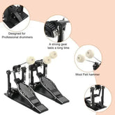 Black Drum Addict Apparel double bass drum pedal for drum sets, featuring sturdy metal construction and adjustable components.