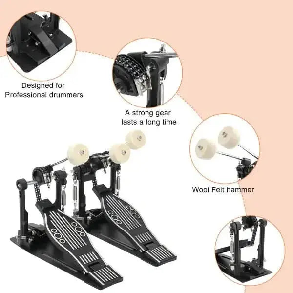 Black Drum Addict Apparel double bass drum pedal for drum sets, featuring sturdy metal construction and adjustable components.
