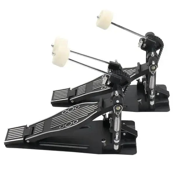 Black Drum Addict Apparel double bass drum set pedal by Yggdrasils Wood, close-up view showing pedal details and branding.
