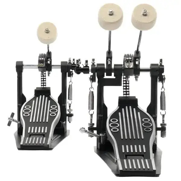 Black double bass drum set pedal by Drum Addict Apparel, designed for double bass drums, with a sturdy metal construction.