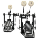 Black double bass drum set pedal by Drum Addict Apparel, designed for double bass drums, with a sturdy metal construction.