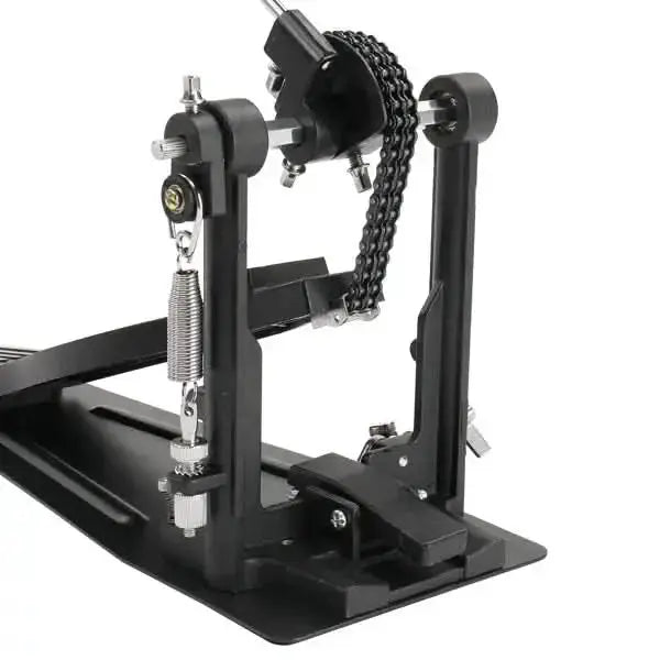 Black double bass drum set pedal by Drum Addict Apparel, designed for double bass drum sets, with a sturdy metal build and pedal mechanism.