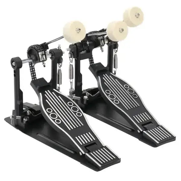 Black double bass drum set pedal by Drum Addict Apparel, designed for precise drumming and durable performance.
