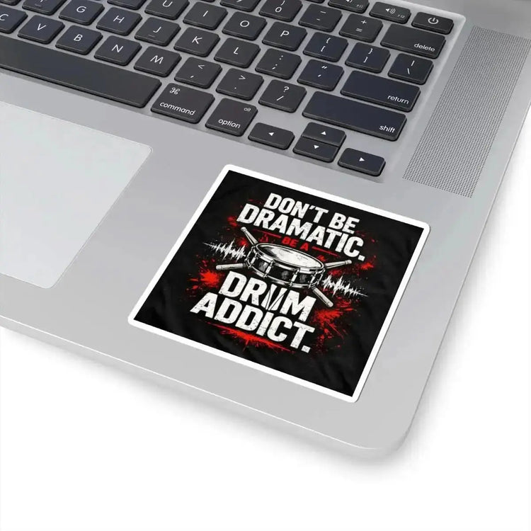 Drum Addict Kiss-Cut Decal from Drum Addict Apparel by Yggdrasils Wood, 2x2 inches, featuring bold drum-themed design.