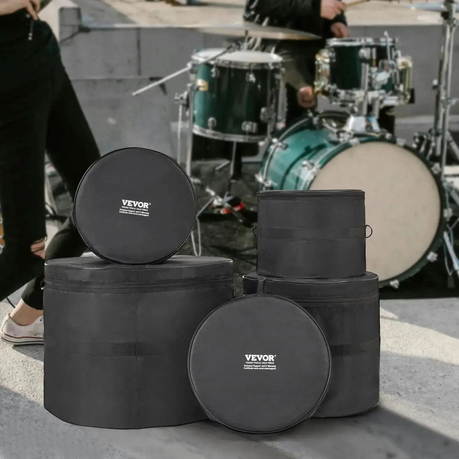 VEVOR 5-piece drum bag set by Drum Addict Apparel in black, designed for protecting and transporting drums.
