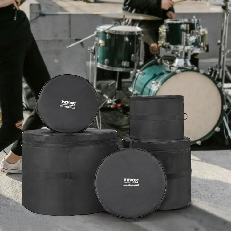 VEVOR 5-piece drum bag set by Drum Addict Apparel in black, designed for protecting and transporting drums.