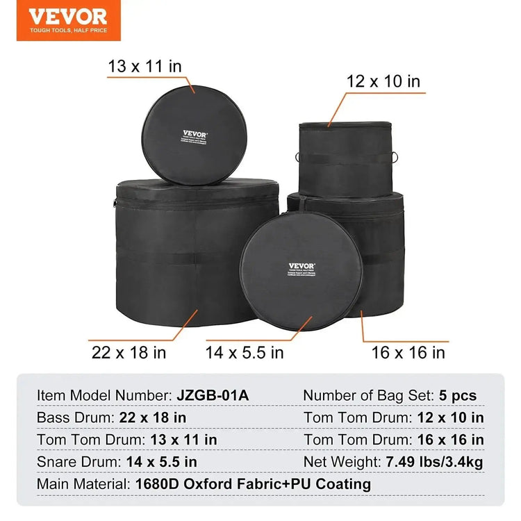 VEVOR 5-piece drum bag set by Drum Addict Apparel, black protective cases for drums, durable and padded for transportation.