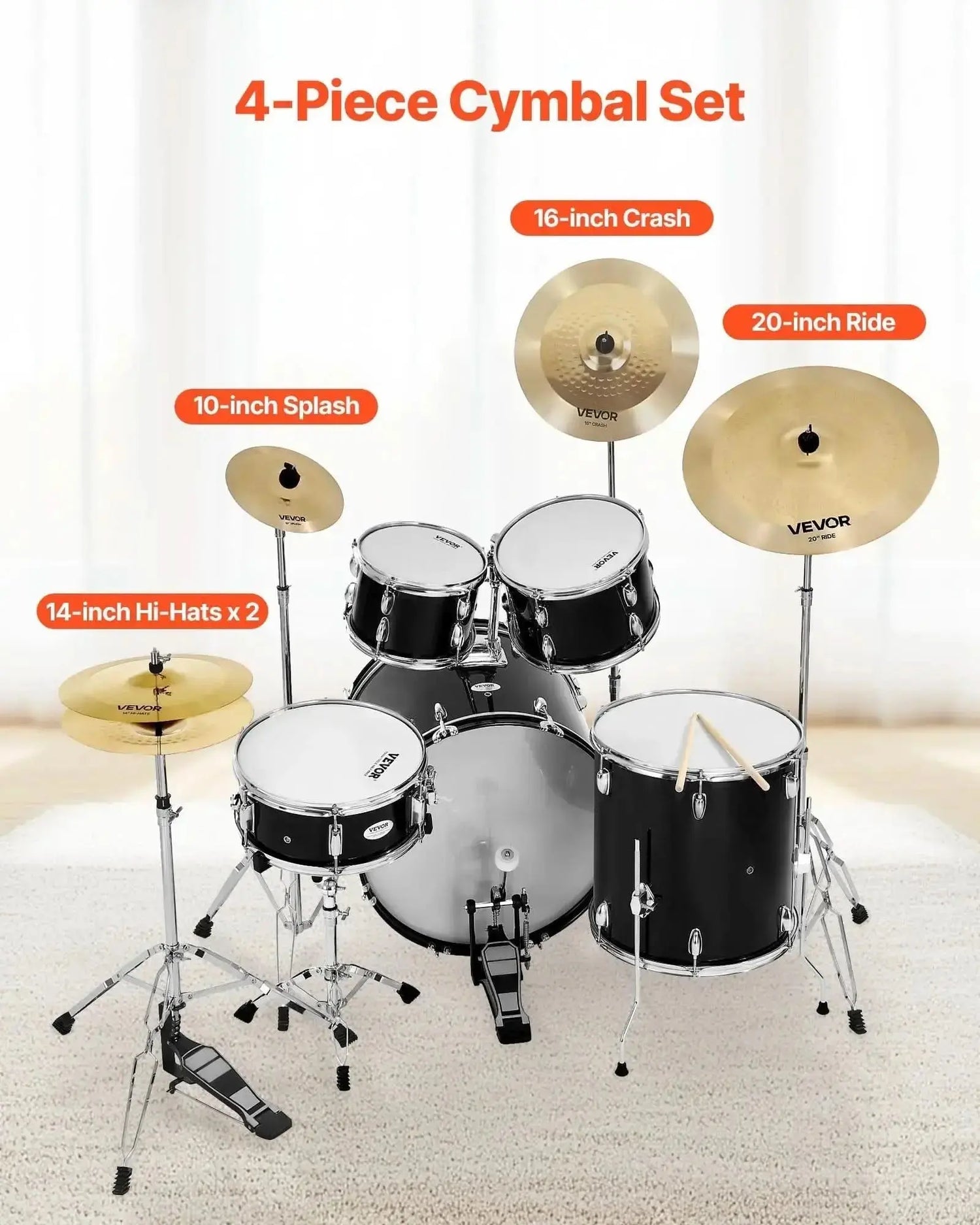 Bright copper alloy cymbals from Drum Addict Apparel by Yggdrasils Wood, includes 14-inch hi-hats for drum set.