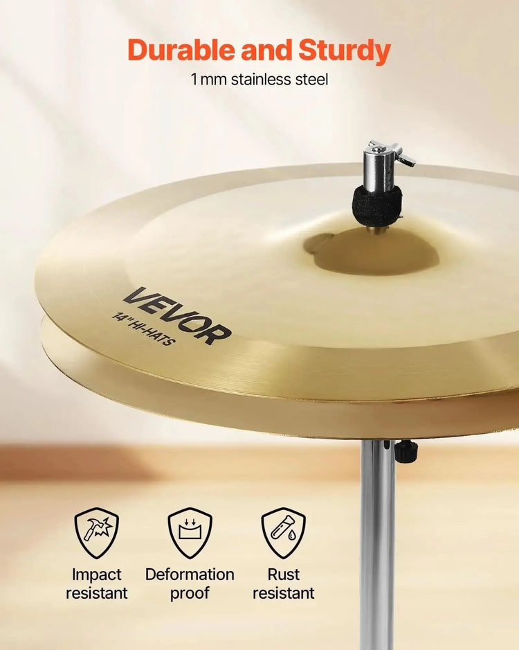 Alloy cymbals drum set by Drum Addict Apparel with bright copper finish, includes 14-inch hi-hats, designed for drummers.