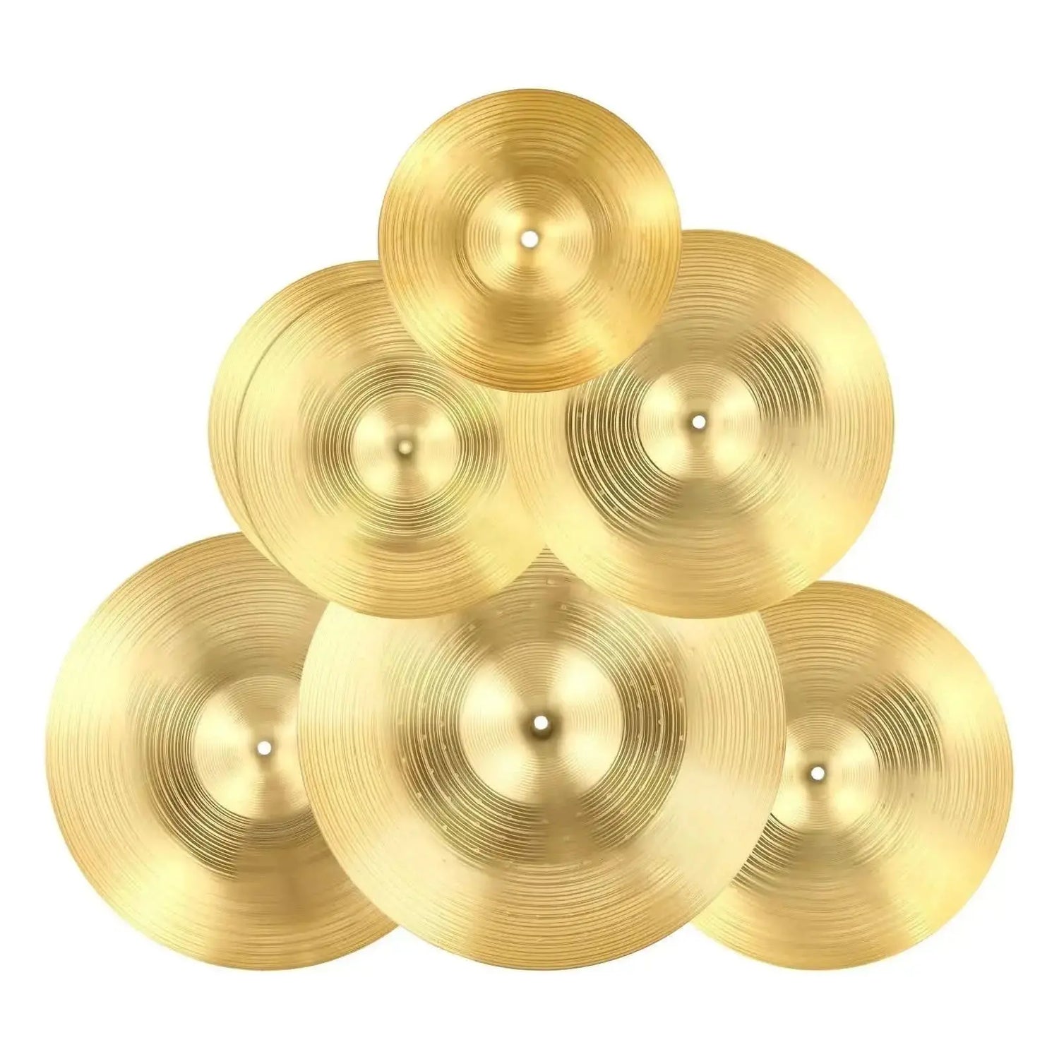 Six bright copper cymbals for drum set from Drum Addict Apparel by Yggdrasils Wood, 6-piece cymbal set for percussion instruments.