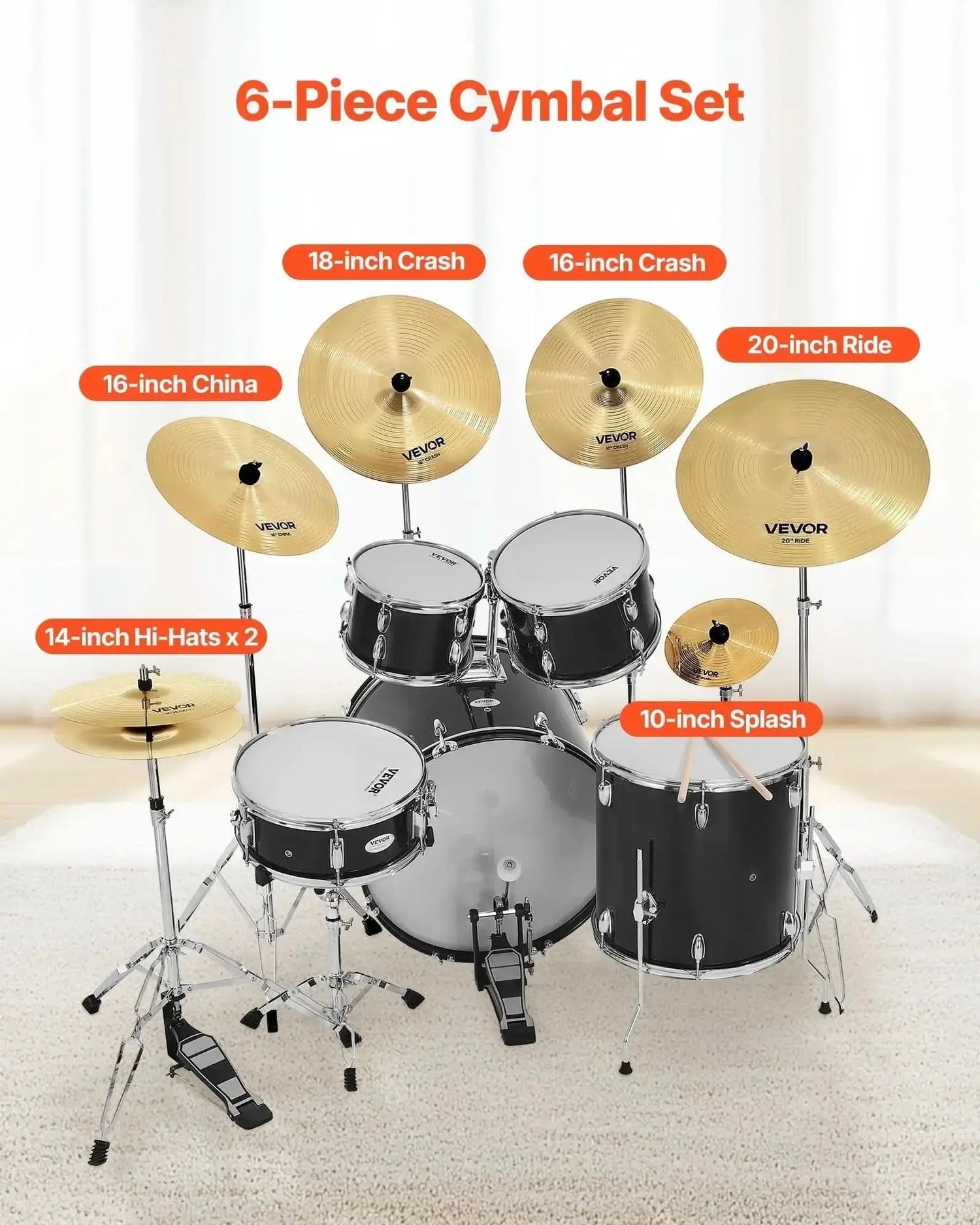 Six-piece set of bright copper cymbals for drum set by Drum Addict Apparel, featuring high-quality percussion for drumming enthusiasts.