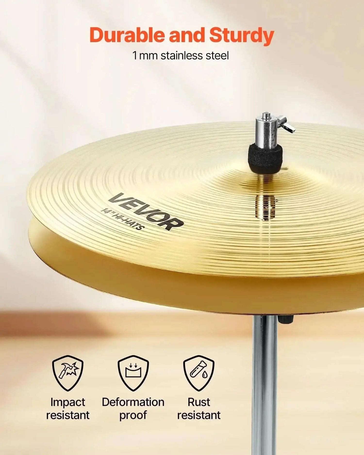 Six-piece cymbal set for drum kits by Drum Addict Apparel, featuring bright copper-colored cymbals for drums.