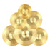 Six bright copper cymbals for drum set, Drum Addict Apparel by Yggdrasils Wood, 6-piece cymbal set with various sizes.