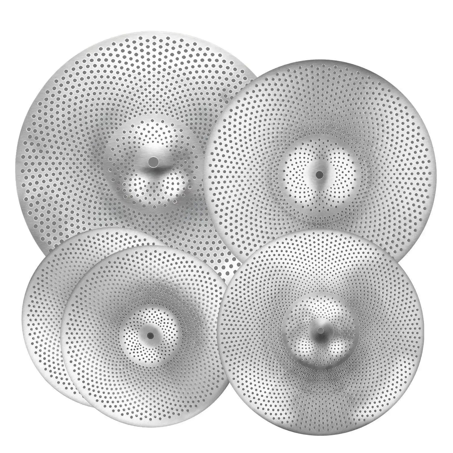 Bright silver Low Volume Cymbal Pack with 4 quiet cymbals for drum set by Drum Addict Apparel by Yggdrasils Wood.