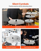 Bright silver Low Volume Cymbal Pack with 4 quiet cymbals, designed for drum sets, by Drum Addict Apparel by Yggdrasils Wood.