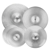 Bright silver Low Volume Cymbal Pack with 4 quiet cymbals for drum set by Drum Addict Apparel, designed for reduced sound.