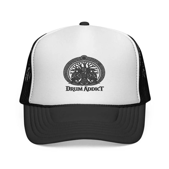 Black Drum Addict Logo Trucker Cap by Yggdrasils Wood featuring a bold drum-related graphic on the front.